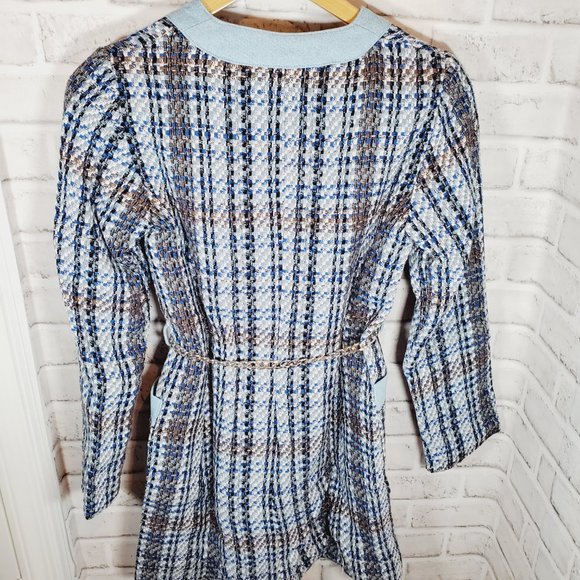 zara textured weave coat silver belt blue long sleeve mini dress size XS 8814 16 - Picture 5 of 7